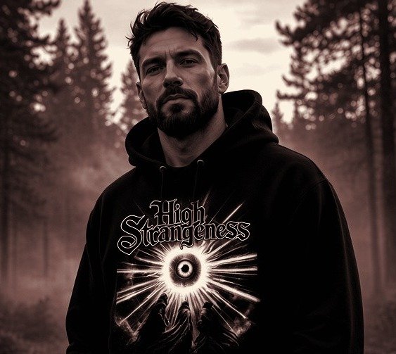 Black hoodie mockup with eye artwork on the front